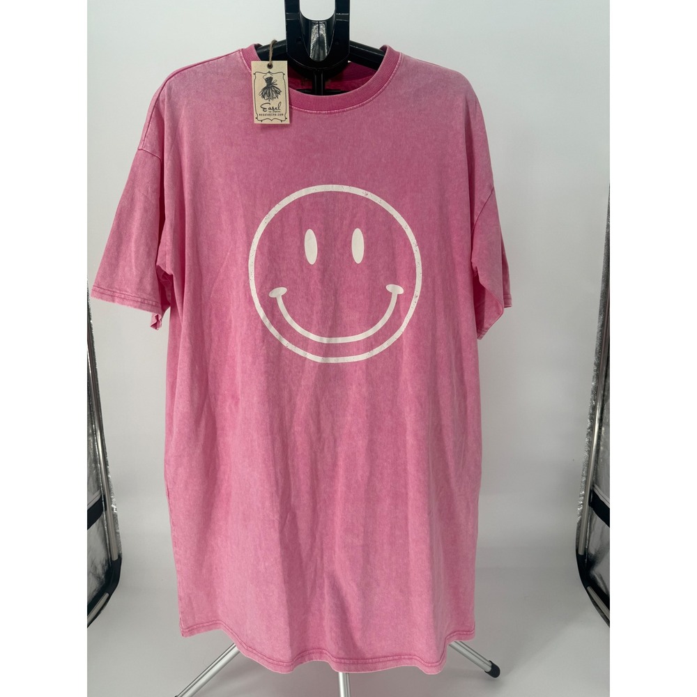 Easel Pink Mineral Wash Smiley Face T-Shirt Dress Oversized Cotton NWT Large